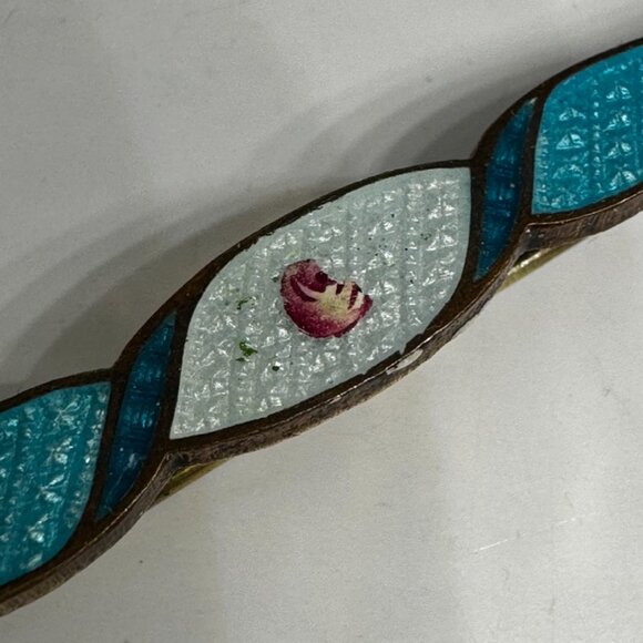 Antique Enamel Guilloche Brooch Pin Flower Blue Gold Plated C clasp - Picture 10 of 16